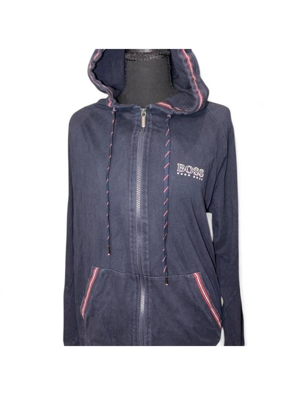 BOSS Hugo Boss Full Zip Hoodie Sweatshirt Navy Blue Striped Trim Men's Large L
